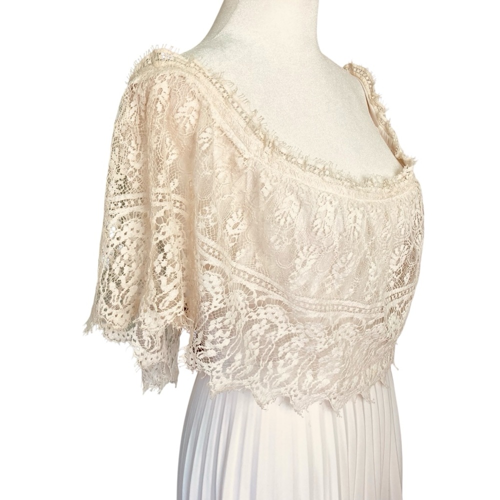 Vintage Pleated Lace Maxi Gown Dress White Cream Empire Waist Cape (Size XS/S) - Picture 5 of 16